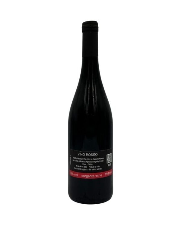 Retro della bottiglia di vino rosso C'aleste Sorgente Rosso 2016 di Ca' Barnaba con etichetta descrittiva che indica "VINO ROSSO", informazioni sul produttore "Azienda Agricola Sorgente Oreata", l'annata 2016, la gradazione alcolica 13% vol e il volume 750ml.