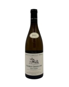 Domaine Christian Moreau Père & Fils Chablis Grand Cru Les Clos 2022: etichetta chiara con produttore, denominazione "CHABLIS GRAND CRU", climat "LES CLOS", annata "2022", ovale sulla spalla.
