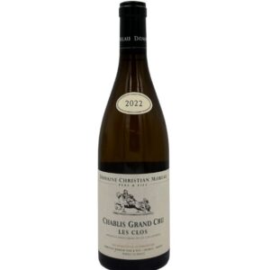 Bottiglia di Chablis Grand Cru Les Clos 2022 del Domaine Christian Moreau Père & Fils con etichetta chiara che evidenzia il nome del produttore "DOMAINE CHRISTIAN MOREAU PÈRE & FILS", la denominazione "CHABLIS GRAND CRU", il nome del climat "LES CLOS" e l'annata "2022" in un ovale sulla spalla. Title (Titolo Prodotto): Domaine Christian Moreau Père & Fils Chablis Grand Cru Les Clos 2022