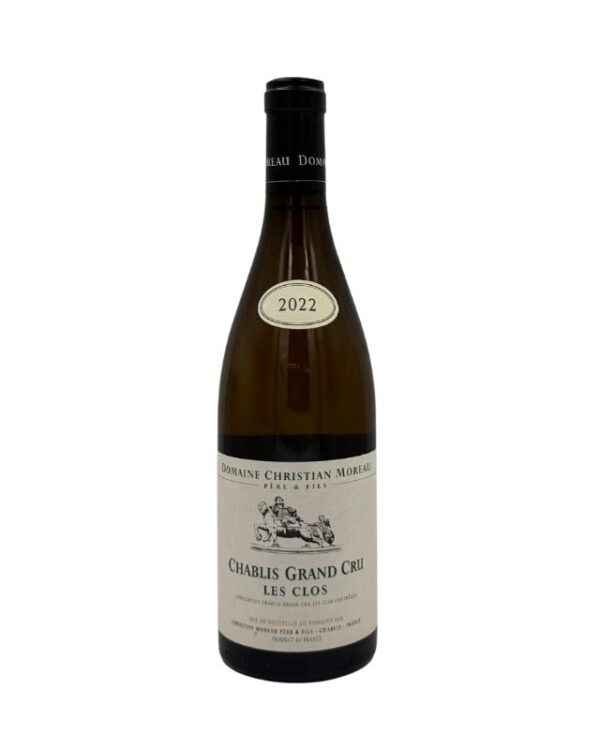Bottiglia di Chablis Grand Cru Les Clos 2022 del Domaine Christian Moreau Père & Fils con etichetta chiara che evidenzia il nome del produttore "DOMAINE CHRISTIAN MOREAU PÈRE & FILS", la denominazione "CHABLIS GRAND CRU", il nome del climat "LES CLOS" e l'annata "2022" in un ovale sulla spalla. Title (Titolo Prodotto): Domaine Christian Moreau Père & Fils Chablis Grand Cru Les Clos 2022