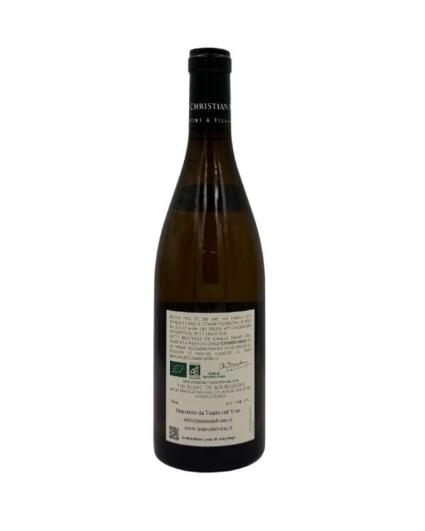 Retro della bottiglia di Chablis Grand Cru Les Clos 2022 del Domaine Christian Moreau Père & Fils con etichetta descrittiva che include informazioni sul produttore, la denominazione "CHABLIS GRAND CRU", l'annata "2022" e dettagli sul vino, oltre a certificazioni biologiche e l'indirizzo web del produttore