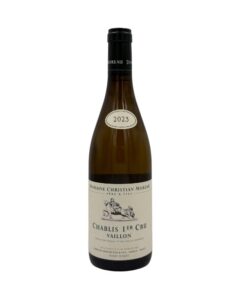 Bottiglia Chablis 1er Cru Vaillon 2023: "DOMAINE CHRISTIAN MOREAU PÈRE & FILS", denominazione "CHABLIS 1ER CRU", climat "VAILLON", annata "2023" in ovale sulla spalla.