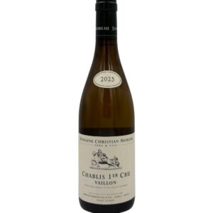 Bottiglia di Chablis 1er Cru Vaillon 2023 del Domaine Christian Moreau Père & Fils con etichetta chiara che evidenzia il nome del produttore "DOMAINE CHRISTIAN MOREAU PÈRE & FILS", la denominazione "CHABLIS 1ER CRU", il nome del climat "VAILLON" e l'annata "2023" in un ovale sulla spalla.