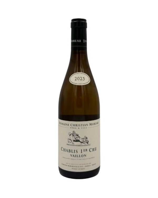 Bottiglia di Chablis 1er Cru Vaillon 2023 del Domaine Christian Moreau Père & Fils con etichetta chiara che evidenzia il nome del produttore "DOMAINE CHRISTIAN MOREAU PÈRE & FILS", la denominazione "CHABLIS 1ER CRU", il nome del climat "VAILLON" e l'annata "2023" in un ovale sulla spalla.