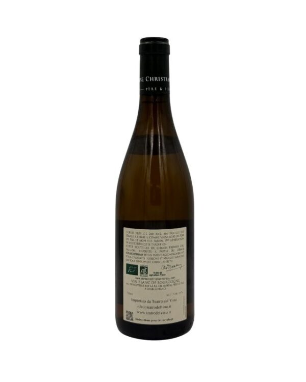 Retro della bottiglia di Chablis 1er Cru Vaillon 2023 del Domaine Christian Moreau Père & Fils con etichetta descrittiva che include informazioni sul produttore, la denominazione "CHABLIS 1ER CRU", l'annata "2023" e dettagli sul vino, oltre a certificazioni biologiche e l'indirizzo web del produttore.