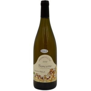 Bottiglia di Sancerre Akméniné 2019 di Sébastien Riffault con un'etichetta artistica che evidenzia il nome "AKMÉNINÉ" in grande, seguito dall'annata "2019" e dalla denominazione "Sancerre Appellation Sancerre Contrôlée". In basso è presente il nome del produttore "Sébastien Riffault". Un piccolo adesivo bianco con la scritta "TRIPLE A" è visibile sulla spalla della bottiglia.