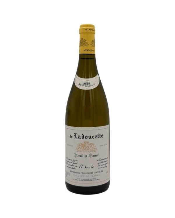 Bottiglia di de Ladoucette Pouilly-Fumé 2015 con un'etichetta classica color crema che riporta in evidenza il nome del produttore "de Ladoucette", la denominazione "Pouilly-Fumé" e l'annata "2015" in piccolo. L'etichetta celebra l'anno 1605 con la scritta "1605 ANNO 1605" sul collo dorato della bottiglia e la dicitura "1605-2015" sull'etichetta principale, insieme a un simbolo musicale stilizzato.