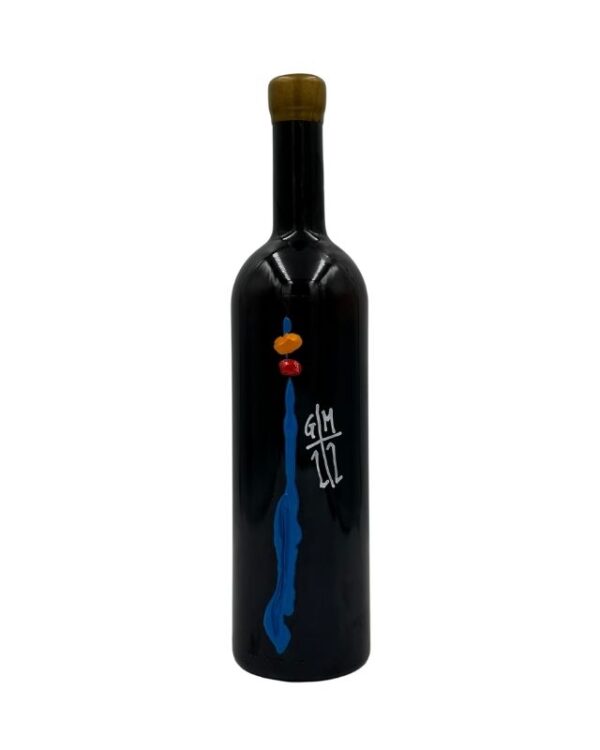 Bottiglia di vino nero Giorgio Mercandelli Archetijs Zianco 2019 con un'etichetta artistica che presenta una pennellata blu verticale con elementi arancioni e bianchi nella parte superiore, e la scritta stilizzata bianca "G/M" sopra "1/2" a destra.