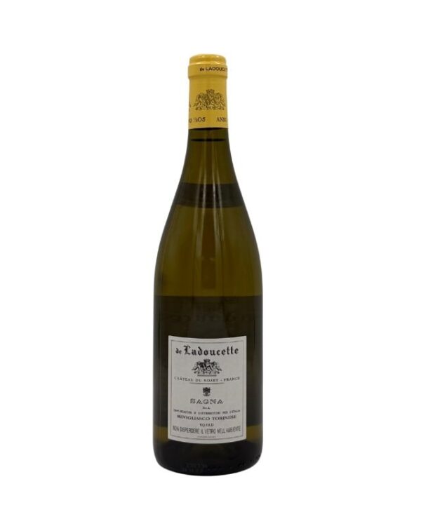 Retro della bottiglia di de Ladoucette Pouilly-Fumé 2015 con un'etichetta descrittiva in italiano che riporta il nome del produttore "de Ladoucette", l'indicazione "CHATEAU DU NOZET - FRANCE", il nome della cuvée "SAGNA" e informazioni sull'importatore "Bevilacqua Torinese".