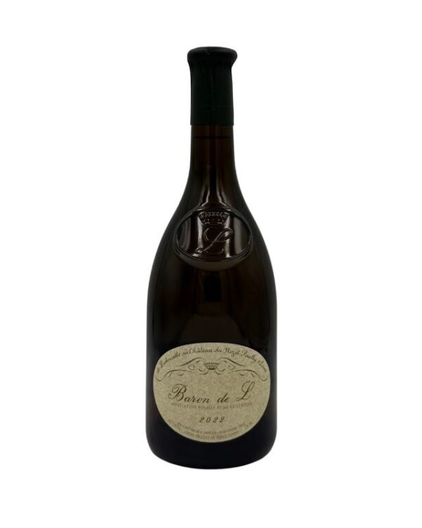 Bottiglia di de Ladoucette Baron de L 2022 con un'elegante etichetta ovale color crema. In alto è presente un sigillo in rilievo con una "L" coronata. L'etichetta riporta in evidenza "Baron de L", seguito dalla denominazione "POUILLY-FUMÉ" e dall'annata "2022". Una scritta curva in alto recita "Héritiers du Château du Nozet Pouilly-Fumé".