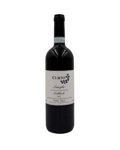 Bottiglia Nadia Curto Langhe Nebbiolo 2022: "CURTO", "Langhe DOC", "Nebbiolo", "2022", con design floreale elegante.