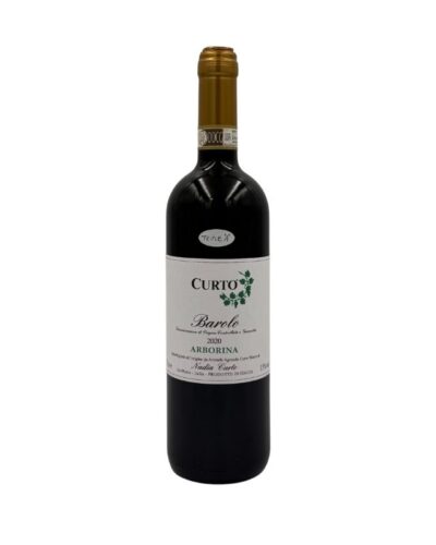 Bottiglia di Curto Marco Barolo Arborina 2020 con etichetta chiara che evidenzia il nome del produttore "CURTO" in grande, seguito dalla denominazione "Barolo Denominazione di Origine Controllata e Garantita", l'annata "2020" e il nome della vigna "ARBORINA". In basso è presente il nome "Nadia Curto" e l'indicazione "La Morra - Italia - PRODOTTO IN ITALIA". Un piccolo disegno stilizzato di foglie è presente sopra la scritta "Barolo". Un adesivo bianco con la scritta "TRIPLE A" è visibile sulla spalla della bottiglia.