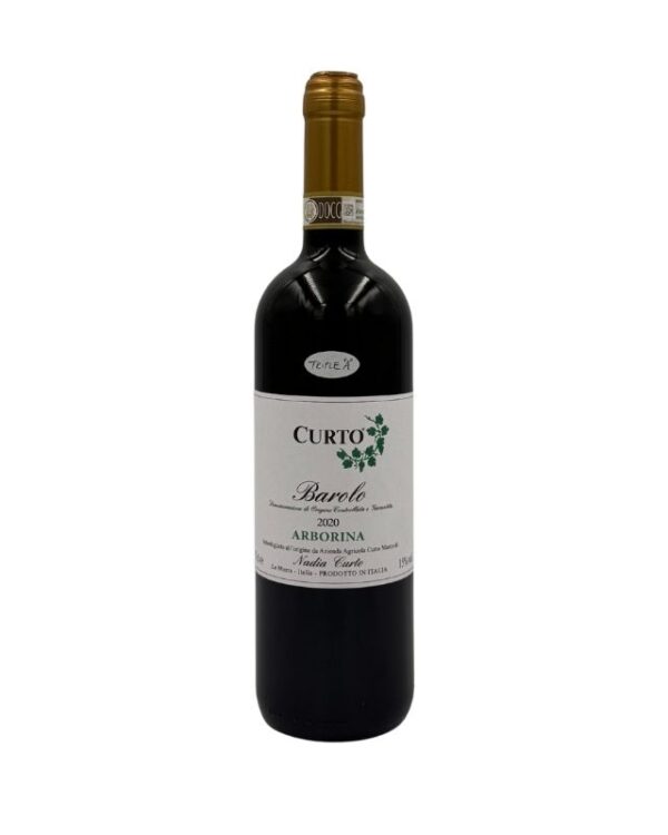 Bottiglia di Curto Marco Barolo Arborina 2020 con etichetta chiara che evidenzia il nome del produttore "CURTO" in grande, seguito dalla denominazione "Barolo Denominazione di Origine Controllata e Garantita", l'annata "2020" e il nome della vigna "ARBORINA". In basso è presente il nome "Nadia Curto" e l'indicazione "La Morra - Italia - PRODOTTO IN ITALIA". Un piccolo disegno stilizzato di foglie è presente sopra la scritta "Barolo". Un adesivo bianco con la scritta "TRIPLE A" è visibile sulla spalla della bottiglia.
