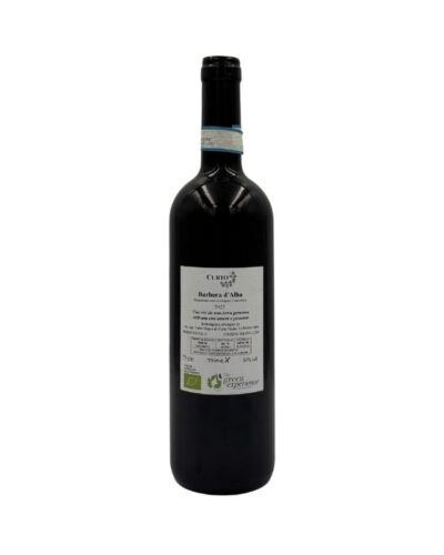 Retro della bottiglia di Nadia Curto Barbera d'Alba Curto 2022 con etichetta che include il nome del produttore "CURTO", la denominazione "Barbera d'Alba", l'annata "2022", un testo descrittivo in italiano che celebra la passione per la terra e le certificazioni biologiche.