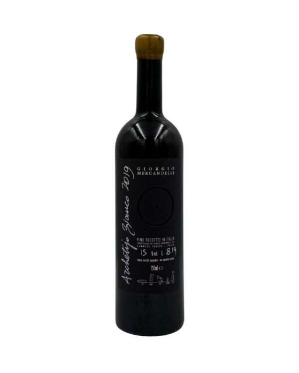 Retro della bottiglia di vino Giorgio Mercandelli Archetijs Zianco 2019 con etichetta descrittiva nera che include il nome del produttore "GIORGIO MERCANDELLI" in alto a destra e la denominazione "Archetijs Zianco 2019" scritta verticalmente sul lato sinistro.