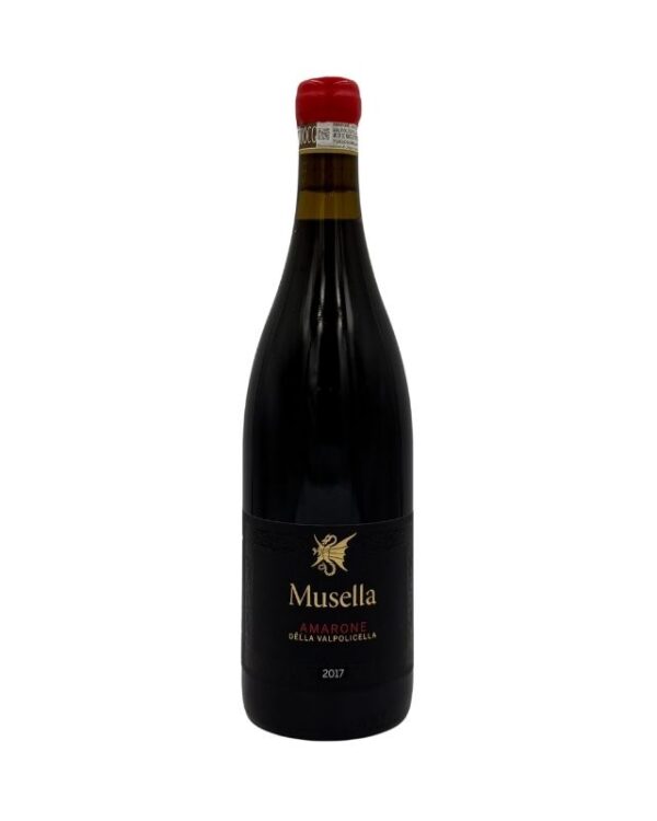 Bottiglia di Musella Amarone della Valpolicella 2017 con un'etichetta elegante nera che evidenzia il nome del produttore "Musella" in oro, seguito dalla denominazione "AMARONE DELLA VALPOLICELLA" in rosso e l'annata "2017" in oro in basso. Un simbolo stilizzato dorato è presente sopra il nome del produttore