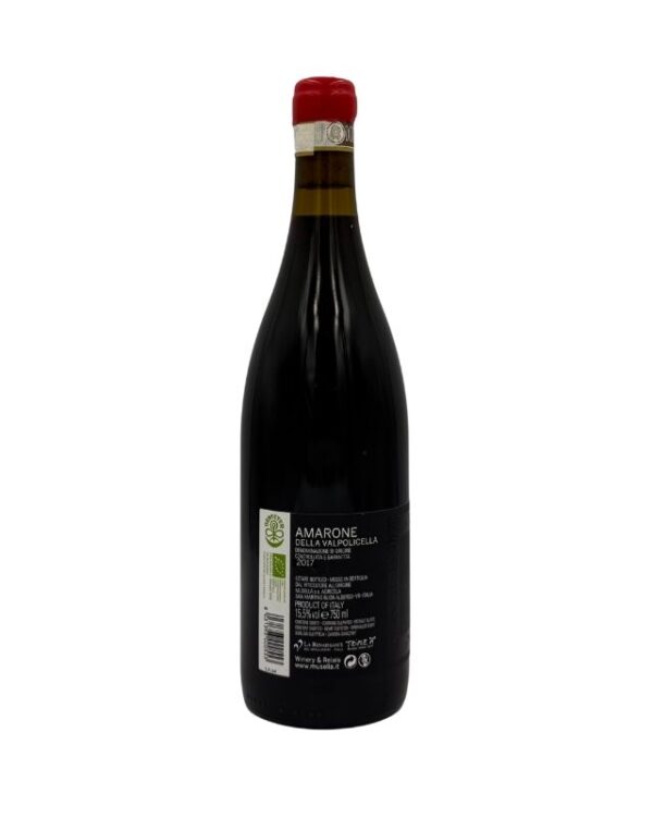 Retro della bottiglia di Musella Amarone della Valpolicella 2017 con etichetta descrittiva che include informazioni sul produttore, la denominazione "AMARONE DELLA VALPOLICELLA Denominazione di Origine Controllata e Garantita", l'annata "2017" e dettagli sul vino, oltre a certificazioni biologiche e biodinamiche