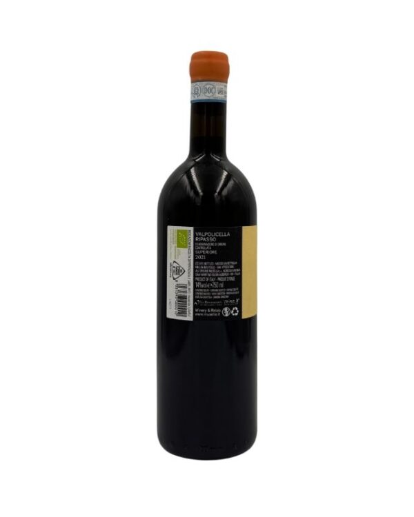 Retro della bottiglia di Musella Valpolicella Ripasso Superiore 2021 con etichetta descrittiva che include informazioni sul produttore, la denominazione "VALPOLICELLA RIPASSO Denominazione di Origine Controllata SUPERIORE", l'annata "2021" e dettagli sul vino, oltre a certificazioni biologiche e biodinamiche