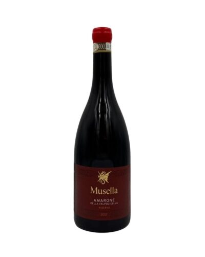 Bottiglia Musella Amarone Riserva 2017 con etichetta bordeaux elegante, nome e annata in oro e simbolo dorato.