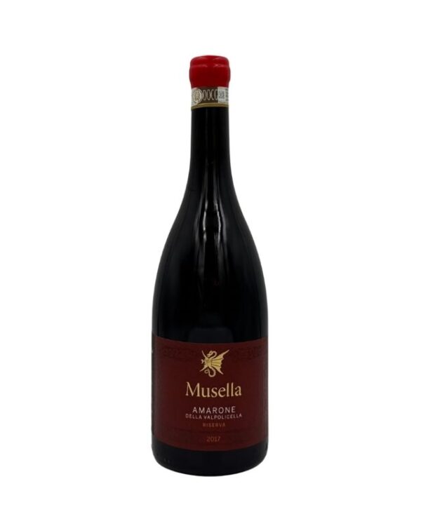 Bottiglia di Musella Amarone della Valpolicella Riserva 2017 con un'etichetta elegante bordeaux che evidenzia il nome del produttore "Musella" in oro, seguito dalla denominazione "AMARONE DELLA VALPOLICELLA RISERVA" in oro e l'annata "2017" in oro in basso. Un simbolo stilizzato dorato è presente sopra il nome del produttore.
