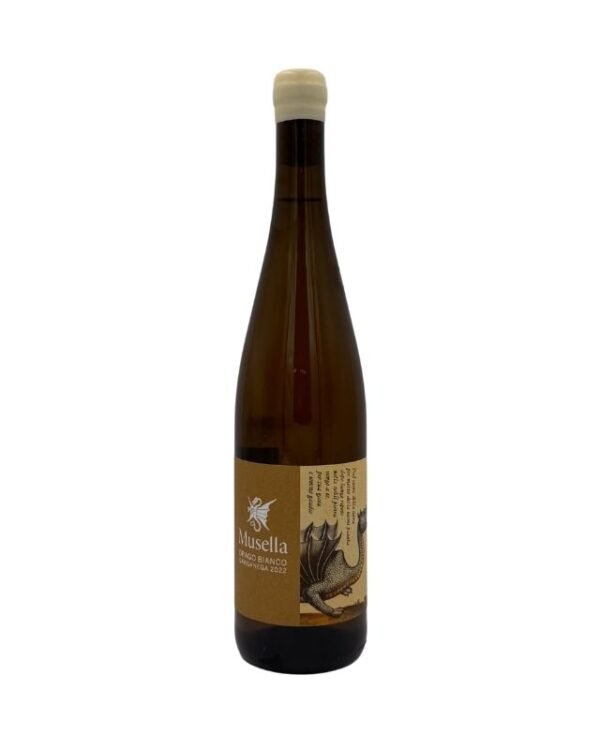 Bottiglia di Musella Drago Bianco Garganega 2022 con un'etichetta color crema che presenta il nome del produttore "Musella" in piccolo, seguito dalla denominazione "DRAGO BIANCO" in grande e "Garganega 2022" in basso. L'etichetta è decorata con un disegno dettagliato di un drago bianco. Un breve testo descrittivo in italiano è presente sul lato destro dell'etichetta.