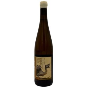 Retro della bottiglia di Musella Drago Bianco Garganega 2022 con un'etichetta che continua il disegno del drago bianco. Il breve testo descrittivo in italiano prosegue sul lato sinistro dell'etichetta
