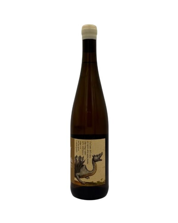 Retro della bottiglia di Musella Drago Bianco Garganega 2022 con un'etichetta che continua il disegno del drago bianco. Il breve testo descrittivo in italiano prosegue sul lato sinistro dell'etichetta