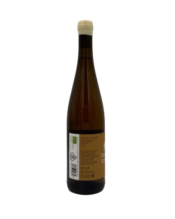 Retro della bottiglia di Musella Drago Bianco Garganega 2022 con etichetta descrittiva che include la denominazione "BIANCO VERONESE IGT", la varietà "Garganega" e l'annata "2022". Sono presenti anche informazioni sul produttore, dettagli sul vino e certificazioni biologiche e biodinamiche.