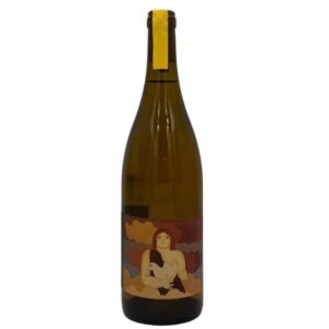 Bottiglia di Musella Fibio Pinot Bianco 2022 con un'etichetta artistica che raffigura una figura femminile seduta tra nuvole stilizzate, che tiene tra le mani un uccello bianco.