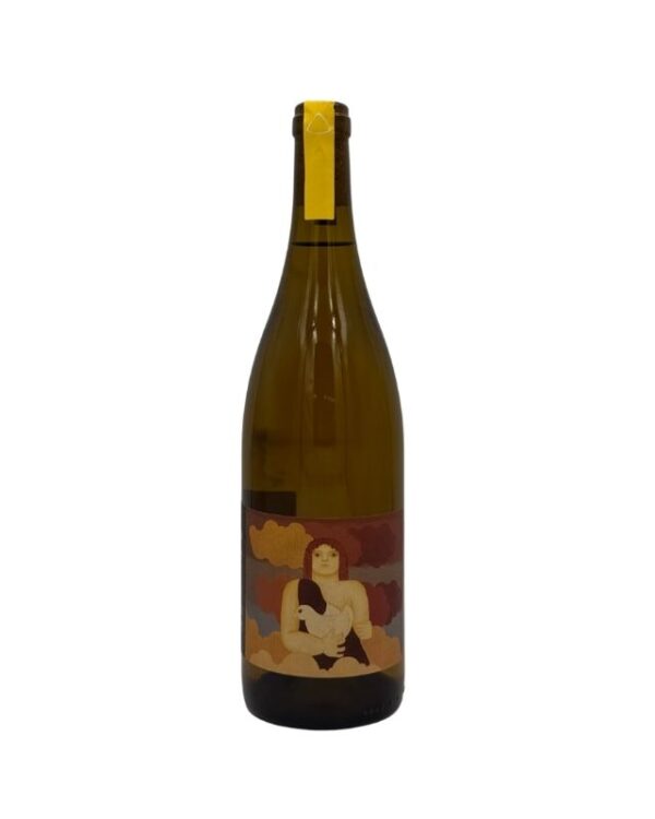 Bottiglia di Musella Fibio Pinot Bianco 2022 con un'etichetta artistica che raffigura una figura femminile seduta tra nuvole stilizzate, che tiene tra le mani un uccello bianco.