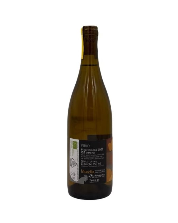 Retro della bottiglia di Musella Fibio Pinot Bianco 2022 con etichetta descrittiva che include il nome della cuvée "FIBIO", la varietà "Pinot Bianco 2022", la denominazione "VENETO Indicazione Geografica Tipica" e il nome del produttore "Musella". Sono presenti anche informazioni aggiuntive e certificazioni biologiche e biodinamiche.