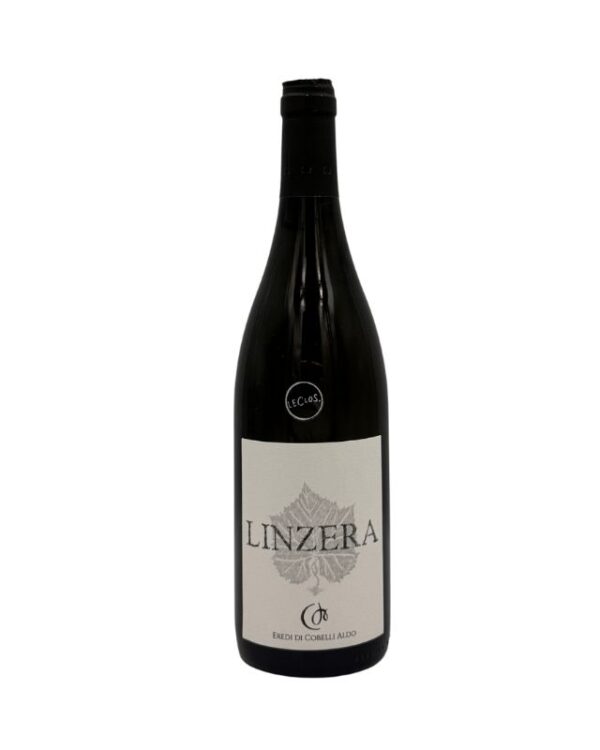 Bottiglia di Eredi di Cobelli Aldo Linzera con un'etichetta minimalista che presenta in grande la scritta "LINZERA" sopra un disegno stilizzato di una foglia di vite argentata. In basso è presente la scritta "EREDI DI COBELLI ALDO". Un piccolo adesivo nero con la scritta bianca "(Le Clos)" è visibile sulla spalla della bottiglia.