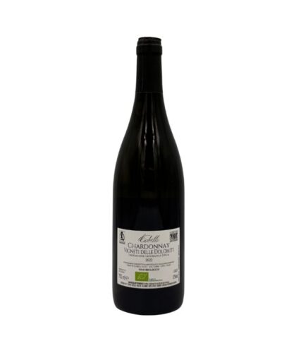 Retro bottiglia Eredi di Cobelli Aldo Linzera con etichetta che include Chardonnay, annata 2022 e certificazioni biologiche.