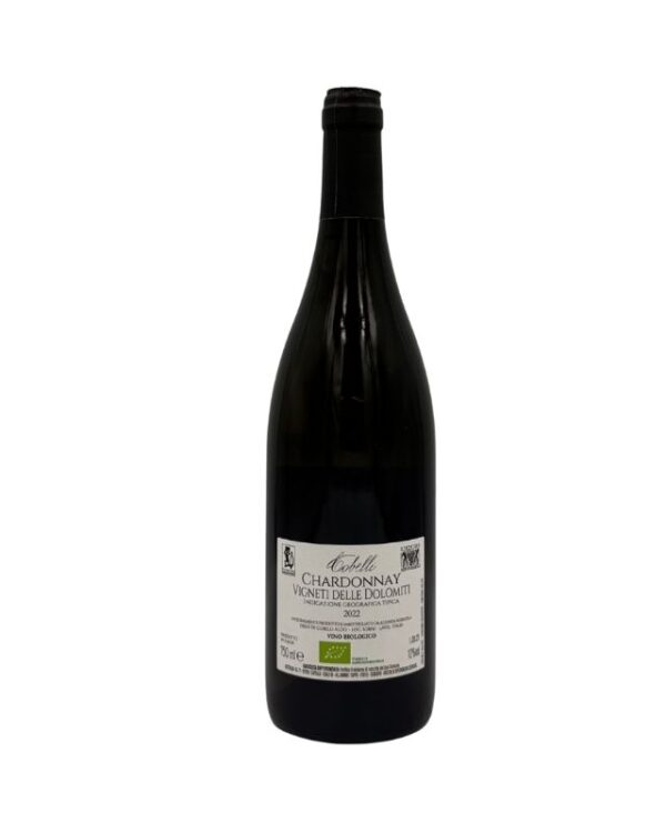 Retro della bottiglia di Eredi di Cobelli Aldo Linzera con un'etichetta che riporta il nome del produttore "Cobelli", la denominazione "CHARDONNAY VIGNETI DELLE DOLOMITI Denominazione di Origine Controllata", l'annata "2022" e la menzione "PRODOTTO BIOLOGICO". Sono presenti anche informazioni aggiuntive e certificazioni biologiche.
