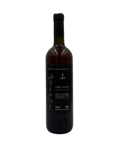 Retro della bottiglia di vino Giorgio Mercandelli E 2007 con etichetta nera che include "GIORGIO MERCANDELLI", "E", "2007" e "VINO BIANCO".