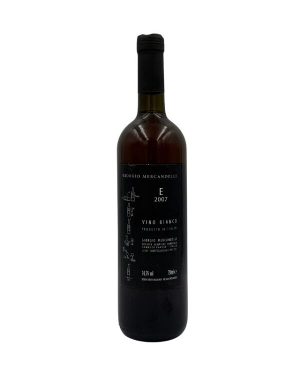 Retro della bottiglia di vino Giorgio Mercandelli E 2007 con etichetta descrittiva nera che include il nome del produttore "GIORGIO MERCANDELLI", la lettera "E", l'anno "2007" e la dicitura "VINO BIANCO