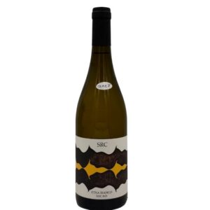 Bottiglia di SRC Etna Bianco DOC 2023 con un'etichetta moderna che presenta in grande "SRC" sopra un motivo astratto nei toni del bianco, nero e giallo che ricorda la lava. In basso è presente la denominazione "ETNA BIANCO DOC 2023". Un piccolo adesivo bianco con la scritta "TRIPLE A" è visibile sulla spalla della bottiglia.