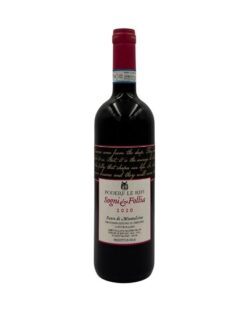 Bottiglia Podere Le Ripi Sogni di Follia 2020 con etichetta elegante, scritte rosse calligrafiche e piccolo stemma centrale