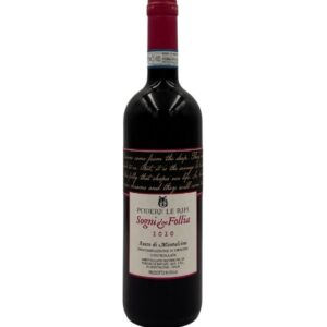 Bottiglia di Podere Le Ripi Sogni di Follia Rosso di Montalcino 2020 con un'etichetta elegante che presenta in alto un testo calligrafico che incornicia il nome del produttore "PODERE LE RIPI" e il nome della cuvée "Sogni di Follia" in rosso. Sotto è presente l'annata "2020" e la denominazione "Rosso di Montalcino DENOMINAZIONE DI ORIGINE CONTROLLATA". Un piccolo stemma è presente sopra il nome della cuvée.
