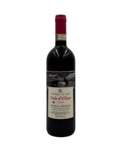 Bottiglia Podere Le Ripi Cielo d'Ulisse 2019 con etichetta notturna, lupo che ulula, barca a vela e scritte rosse e dorate