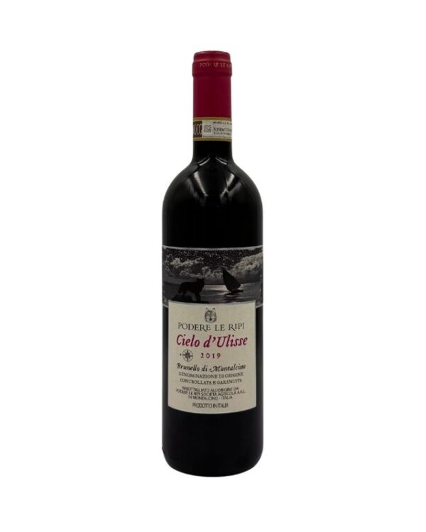 Bottiglia di Podere Le Ripi Cielo d'Ulisse Brunello di Montalcino 2019 con un'etichetta suggestiva che raffigura un paesaggio notturno stellato con un lupo che ulula alla luna e una barca a vela all'orizzonte. Il nome del produttore "PODERE LE RIPI" è presente in alto, seguito dal nome della cuvée "Cielo d'Ulisse" in rosso, l'annata "2019" e la denominazione "Brunello di Montalcino DENOMINAZIONE DI ORIGINE CONTROLLATA E GARANTITA".