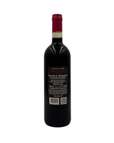Retro bottiglia Podere Le Ripi Brunello 2019 con etichetta descrittiva e adesivo "TRIPLE A" in basso.