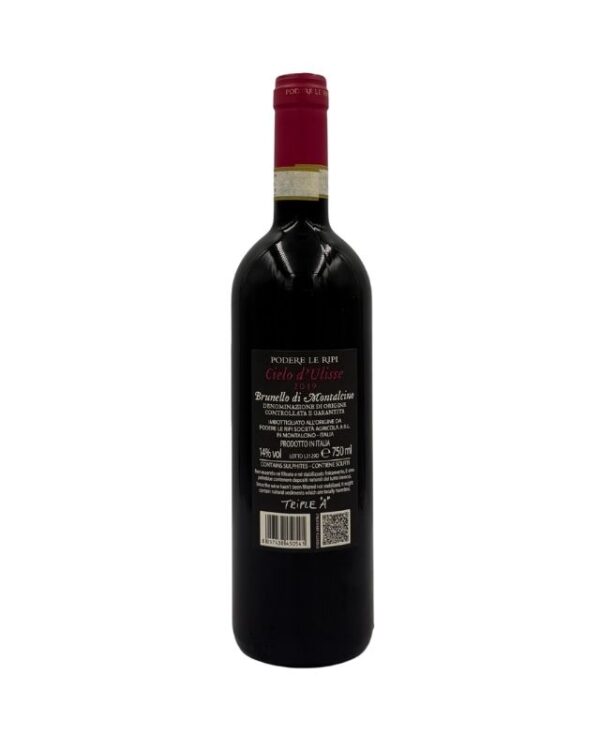 Retro della bottiglia di Podere Le Ripi Cielo d'Ulisse Brunello di Montalcino 2019 con etichetta descrittiva che include il nome del produttore "PODERE LE RIPI", la denominazione "Brunello di Montalcino", l'annata "2019" e dettagli sul vino. Un adesivo bianco con la scritta "TRIPLE A" è visibile in basso.