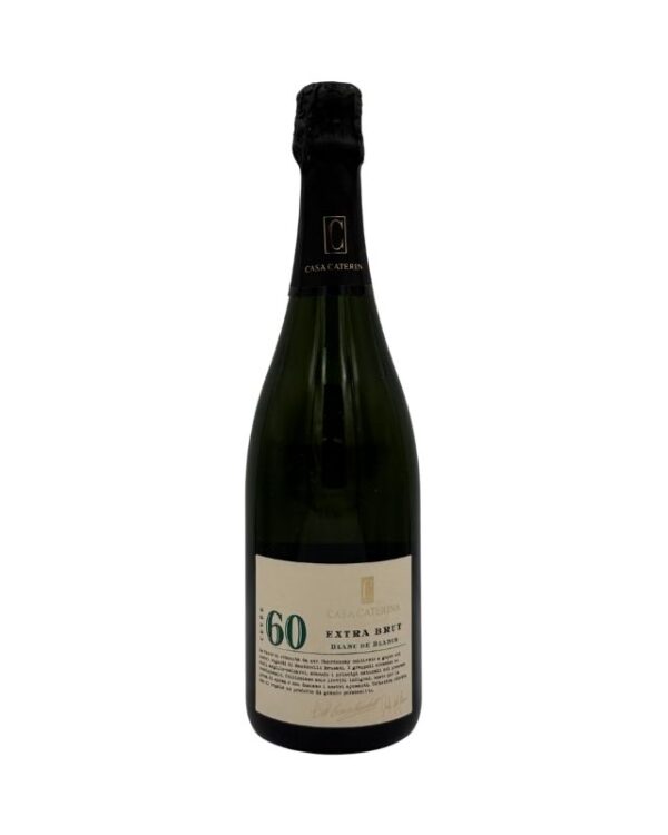 Bottiglia di spumante Casa Caterina 60 Extra Brut Blanc de Blancs con etichetta chiara che evidenzia il numero "60" in verde, il logo "Casa Caterina" in alto e la dicitura "EXTRA BRUT BLANC DE BLANCS".