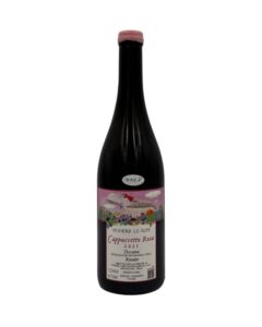 Bottiglia Podere Le Ripi Cappuccetto Rosa 2023 con etichetta illustrata, scena fiabesca con lupo e Cappuccetto Rosso col vino