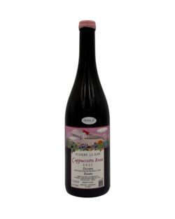 Bottiglia Podere Le Ripi Cappuccetto Rosa 2023 con etichetta illustrata, scena fiabesca con lupo e Cappuccetto Rosso col vino