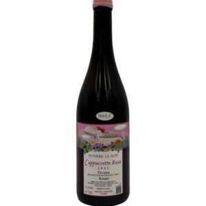 Bottiglia di Podere Le Ripi Cappuccetto Rosa Toscana Rosato 2023 con un'etichetta illustrata che raffigura Cappuccetto Rosso che offre una bottiglia di vino al lupo in un paesaggio fantastico.