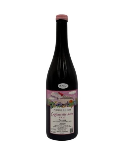 Bottiglia Podere Le Ripi Cappuccetto Rosa 2023 con etichetta illustrata, scena fiabesca con lupo e Cappuccetto Rosso col vino