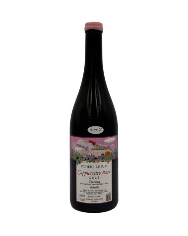Bottiglia di Podere Le Ripi Cappuccetto Rosa Toscana Rosato 2023 con un'etichetta illustrata che raffigura Cappuccetto Rosso che offre una bottiglia di vino al lupo in un paesaggio fantastico.