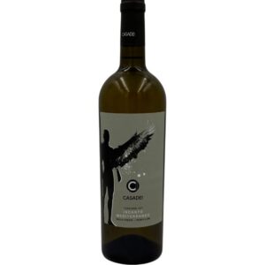 Bottiglia di Casadei Incanto Mediterraneo Sauvignon & Semillon Toscana IGT Biologico con un'etichetta chiara che presenta una figura stilizzata di un uomo con un'ala che si dissolve in elementi grafici. Il logo "C" di Casadei è ben visibile, seguito dal nome del produttore "CASADEI", dalla denominazione "TOSCANA IGT", dal nome della cuvée "INCANTO MEDITERRANEO" e dalle varietà "SAUVIGNON & SEMILLON".